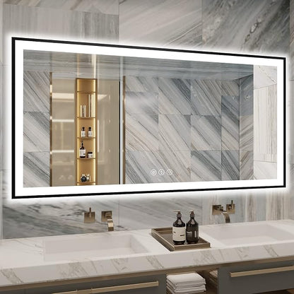 EchosLife 72x36 Bathroom Mirror with Lights - Black Aluminum Framed | Black Frame, Front and Backlit, Anti-Fog, Stepless Dimmable, 3 Colors, Memory, Tempered Glass, UL Listed, Horizontal/Vertical