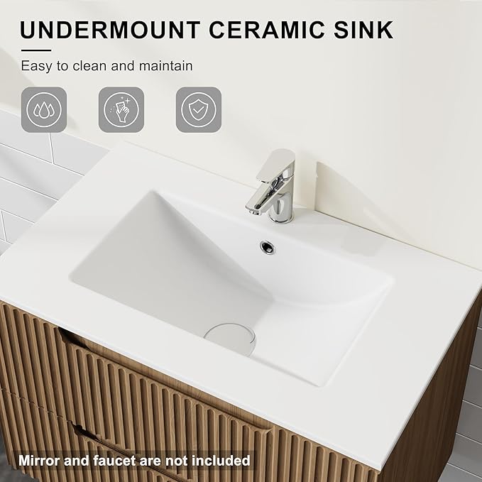 30” Wall Mounted Bathroom Vanity with Sink Floating Bathroom Cabinet Sink Combo, Soft-Close System, 2 Extra Big Drawers, Walnut