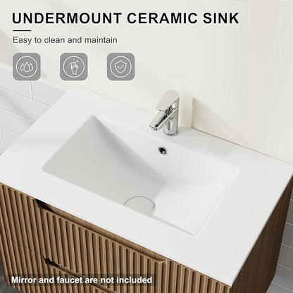 30” Wall Mounted Bathroom Vanity with Sink Floating Bathroom Cabinet Sink Combo, Soft-Close System, 2 Extra Big Drawers, Walnut