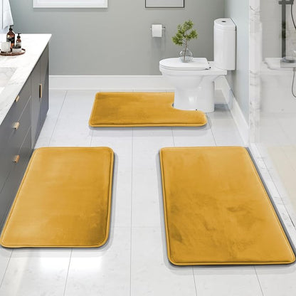 Clara Clark Bathroom Rug Set, 3 Piece Velvet Memory Foam Bath Mats with Non-Slip PVC Backing, Gold