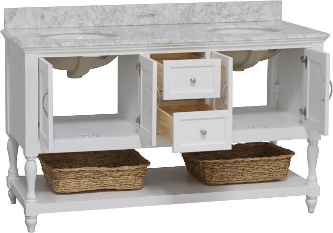 Beverly 60-inch Double Bathroom Vanity (White/Carrara): Includes White Cabinet with Authentic Italian Carrara Marble Countertop and White Ceramic Sinks