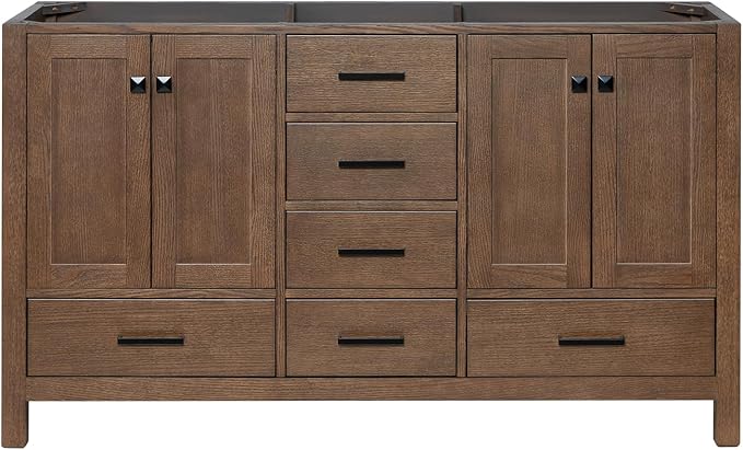 ARIEL Cambridge 60-inch Bathroom Vanity Base Cabinet,Solid Wood, 4 Soft Closing Doors, 6 Dovetail Drawers, Brown Oak