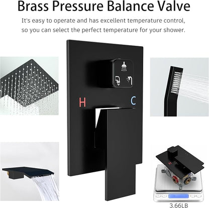 Shower Faucet Set 10 Inch Rain Shower Head High Pressure Handheld Shower,Wall Mounted Bathroom Shower System with Tub Spout and Rough-in Valve Trim kit,Matt Black | Safe Pressure Balance Valve Bathroom Shower Faucet Set with Handheld, All-Metal Water S...
