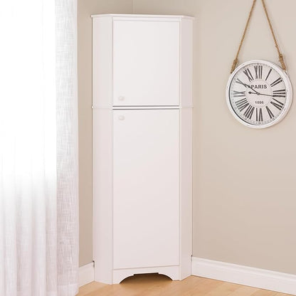 Prepac Elite 72" Tall Corner Cabinet Storage with 2 Doors, Wood Bathroom Storage with 3 Adjustable Shelves, Free Standing Corner Pantry Cabinet Suitable for Kitchen, Entryway, Bathroom, White