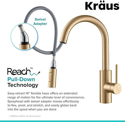 KRAUS Oletto Single Handle Pull Down Kitchen Faucet with QuickDock Top Mount Installation Assembly in Spot-Free Brushed Brass, KPF-2620BB