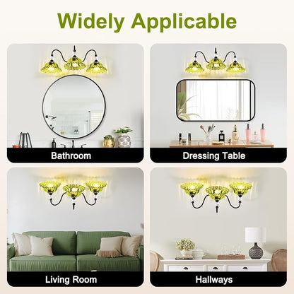 Vintage Bathroom Vanity Light Fixtures 3 Lights Matte Black Vanity Lights for Bathroom with Floral Green Crystal Glass Shades Vanity Wall Lights for Mirror Bedroom Living Room Hallway
