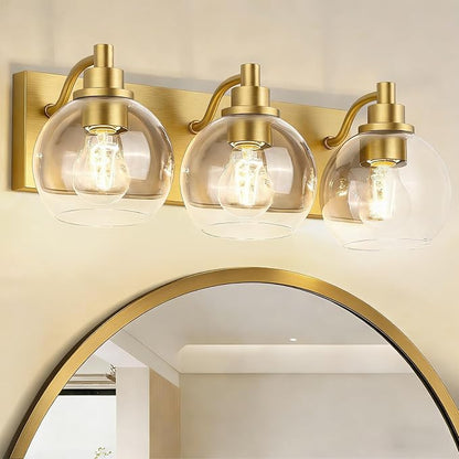 IZORRO Bathroom Light Fixtures, 3-Light Brushed Gold Vanity Light, Modern Wall Sconces with Globe Clear Glass Shade, Vanity Lighting Fixtures Over Mirror,E26 Bulb Socket