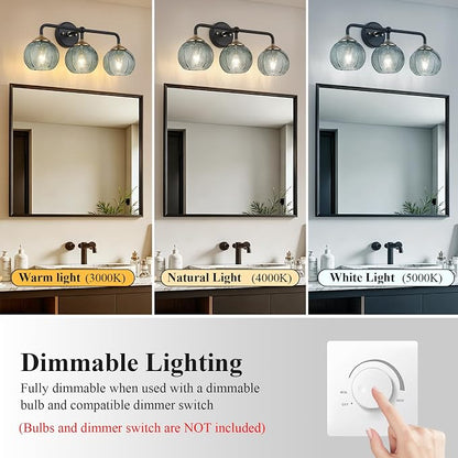 Mecgirn Bathroom Vanity Light Fixtures, 3-Light Green Glass Shade, Modern Black and Gold Wall Sconce, Unique Textured Leaf Pattern, Ceramic E26 Sockets Wall Mounted for Mirror, Cabinet, Hallway