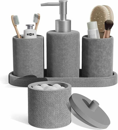Clara Clark Bathroom Set - Grey Bathroom Accessories Set, 5PC Bathroom Accessory Set, Bathroom Sets with Soap Dispenser, Toothbrush Holder, Tumbler, Cotton Swab Jar & Vanity Tray