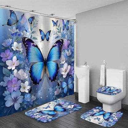 Chrainy 4pcs Blue Butterfly Shower Cutain Set Bathroom Decor with Rugs | Floral Bath Accessories with Waterproof Curtain, Bath Mat, Toilet Lid Cover, U-Shaped Rug and 12 Hooks for Washroom, 71*71in