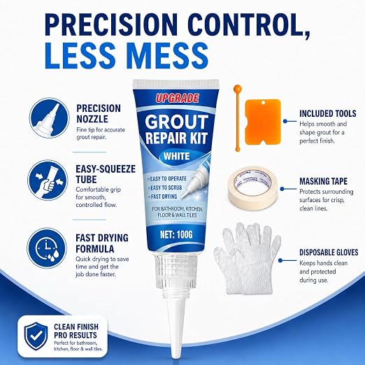 Tile Grout Repair Kit, 2 Pack Fast Drying Grout Sealer Tube | Easy DIY to Restore and Renew Tile Joints for Bathroom Shower Kitchen, Waterproof Tile Grout Paint(White), with Tools