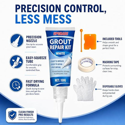 Tile Grout Repair Kit, 2 Pack Fast Drying Grout Sealer Tube | Easy DIY to Restore and Renew Tile Joints for Bathroom Shower Kitchen, Waterproof Tile Grout Paint(White), with Tools