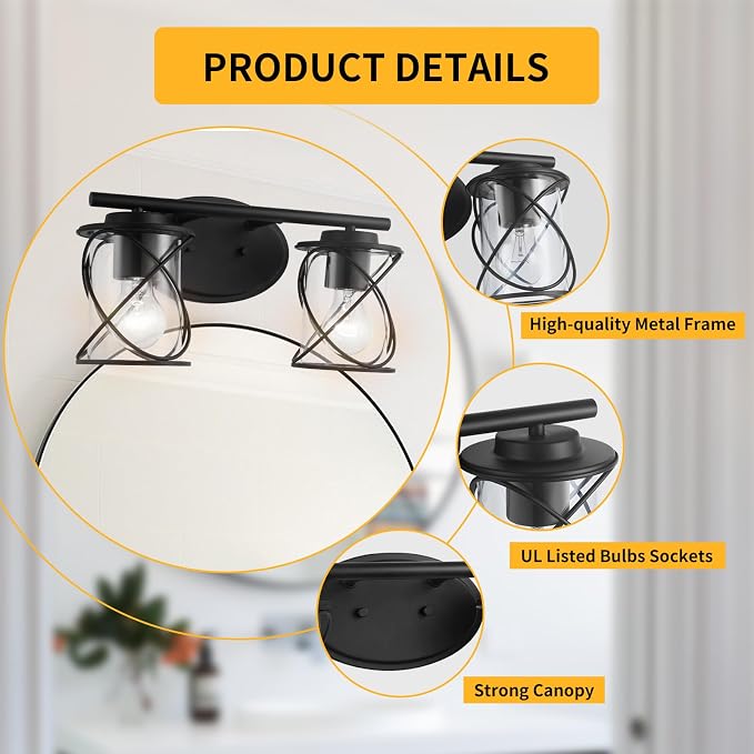 2-Lights Vanity Lights, Matte Black Farmhouse Wall Lights with Clear Glass Shade, Over Mirror Vanity Light, Kitchen Bedroom Bathroom Wall Lamp