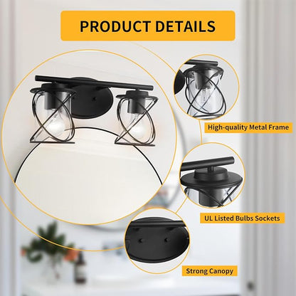 2-Lights Vanity Lights, Matte Black Farmhouse Wall Lights with Clear Glass Shade, Over Mirror Vanity Light, Kitchen Bedroom Bathroom Wall Lamp