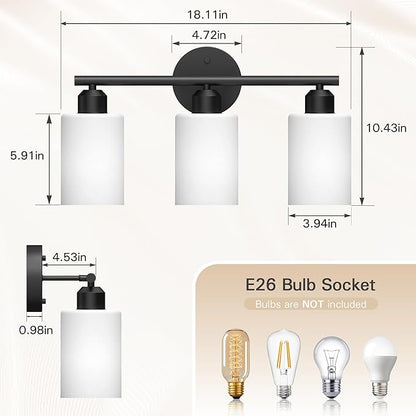 Espird Bathroom Vanity Light Fixtures Matte Black Bathroom Lighting Fixture, 3 Lights Bathroom Light Fixture Over Mirror, Modern Vanity Light, Wall Sconces with Milky White Glass Shades