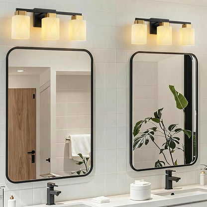 3-Light Square Bathroom Light Fixture, Black and Gold Modern Vanity Light with White Marble Glass Shade, for Bathroom Mirror, Living Room, Bedroom, Hallway, E26 Base