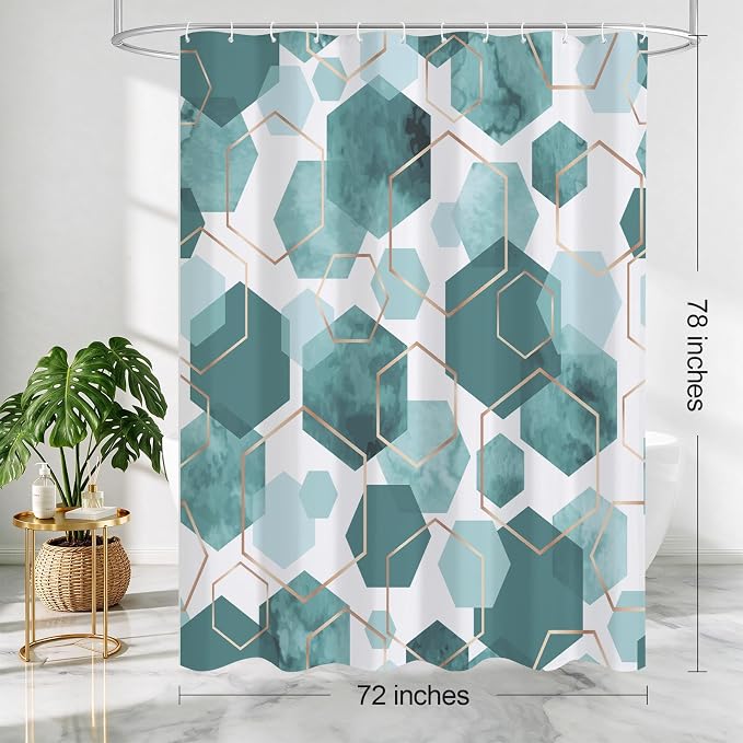 Litabel Long Shower Curtain for Bathroom, Geometric Bathroom Decor 72x78 | Long Modern Minimalist Shower Curtais, Teal Geometric Art Print Abstract Waterproof Bath Curtain
