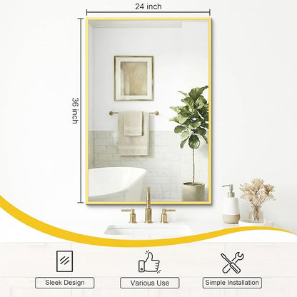 Bathroom Mirror for Wall, 36"x24" Gold Vanity Mirror | Sturdy Rectangular Metal Frame, HD Tempered Glass, Hangs Horizontally or Vertically in Bedroom, Living Room, Entryway