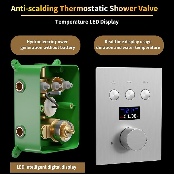 Brushed Nickel Thermostatic Shower System Full Body Rain Shower System AYIVG Temperature Display Shower Faucets Sets 12 Inch LED Rain Ceiling Shower System With 6PCS Body Spray Can Run Together