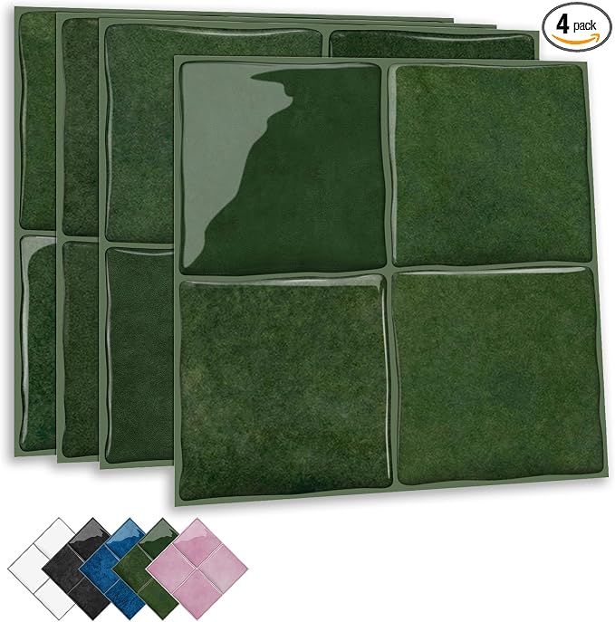 Sage Green 4 Sheets 6x6 Inch Peel and Stick Subway Tile Backsplash, Self Adhesive Wall Tiles for Kitchen Bathroom, Thick Waterproof Heat Resistant, Easy Install No Grout, Renter Friendly