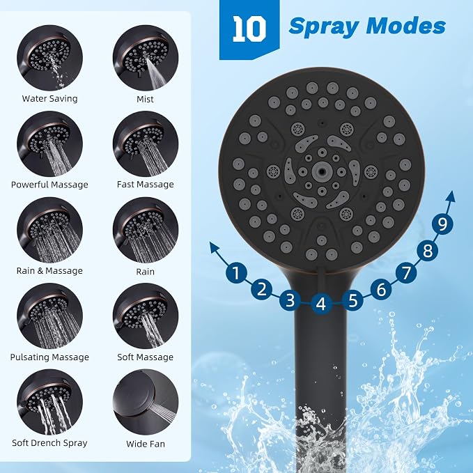 Hibbent High Pressue All Metal 8" Rainfall Shower Head, Handheld 10-Spray | cUPC Certified Oil-Rubbed Bronze Dual Showerhead Combo, 4-way Diverter with Pause Mode, Extension Arm, 71'' Hose & Holder