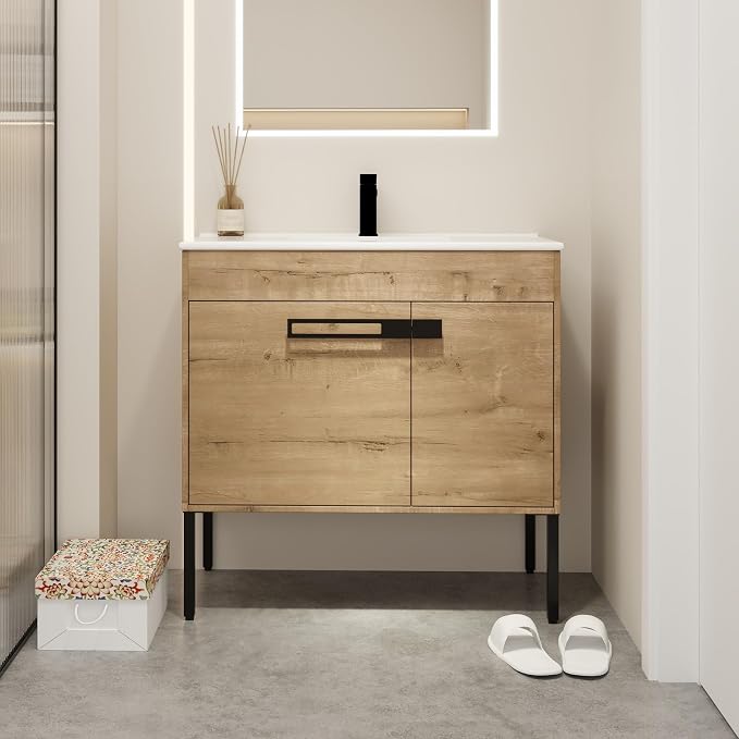 2-in-1 Wall Mounted & Free Standing Bathroom Vanity with Sink Modern 36" Bathroom Vanity with Top Basin&Storage Cabinet Brown Oak Wood Bath Vanity w/Ceramic Sink for Small Space-Legs Removable