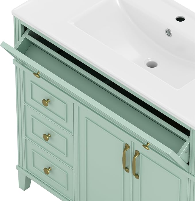 36" Bathroom Vanity with Sink, Freestanding Bathroom Cabinet | Ceramic Top & Backsplash, 3 Storage Drawers, 1 Tilt-Out Storage, Adjustable Shelving, Door Storage and Towel Bar, Sage Green