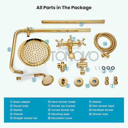 gotonovo Bathroom Exposed Shower Faucet Outdoor Shower System 8 Inch Rainfall Shower Head Set with Tub Spout and Handheld Spray Double Cross Handles Wall Mount without Shower Shelf Polished Gold