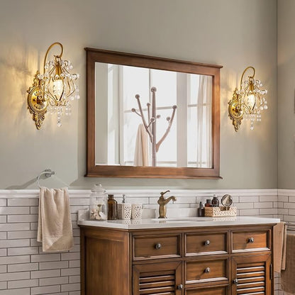 Fetason Indoor Hardwired Gold Crystal Vintage Wall Sconces Light Set of 2 | Modern Wall Mounted Lamp Light Fixture for Bedroom Living Room Bathroom Vanity Light Hallway Light Fixture Decor LED E12