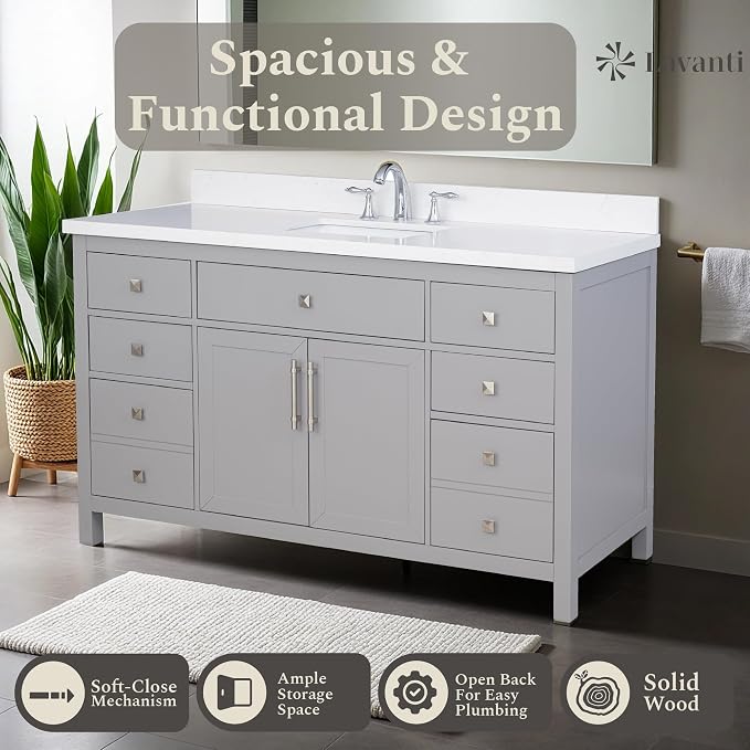 Lavanti Oakford 60 Inch Bathroom Vanity with Sink – Stylish Grey Vanity Bathroom with Storage Cabinet – Modern Bathroom Vanities with Single Vanity Sink & Quartz Countertop