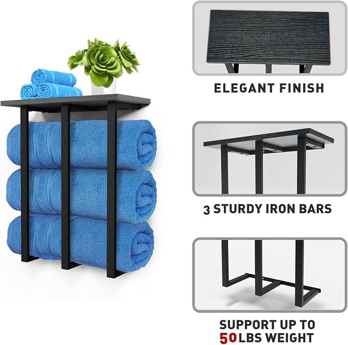 Towel Rack Wall Mounted with Shelf, Beautiful Storage for Small Bathroom, Neat Organizer for Rolled Towels, 3 Sturdy Iron Bars & Holds 25kg Weight