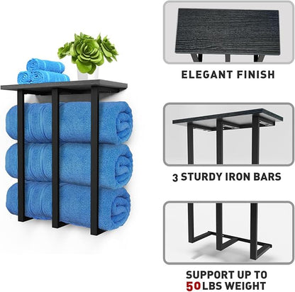 Towel Rack Wall Mounted with Shelf, Beautiful Storage for Small Bathroom, Neat Organizer for Rolled Towels, 3 Sturdy Iron Bars & Holds 25kg Weight