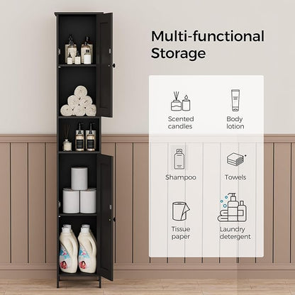 Tall Bathroom Storage Cabinet with 2 Doors, 67"H Narrow Storage Cabinet with Adjustable Shelves& Anti-Tip Design, Reversible Door Installation, Easy Assembly, 11.8 x 11.8 x 66.9 Inches, Black
