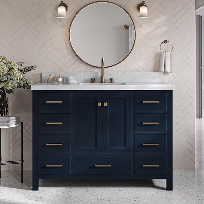 Beckford 48-Inch Bathroom Vanity with Sink — Midnight Blue Single Sink Bathroom Vanity, 1.5" Edge Italian Carrara Marble Top, Solid Wood, 2 Soft-Close Doors, 9 Dovetail Drawers
