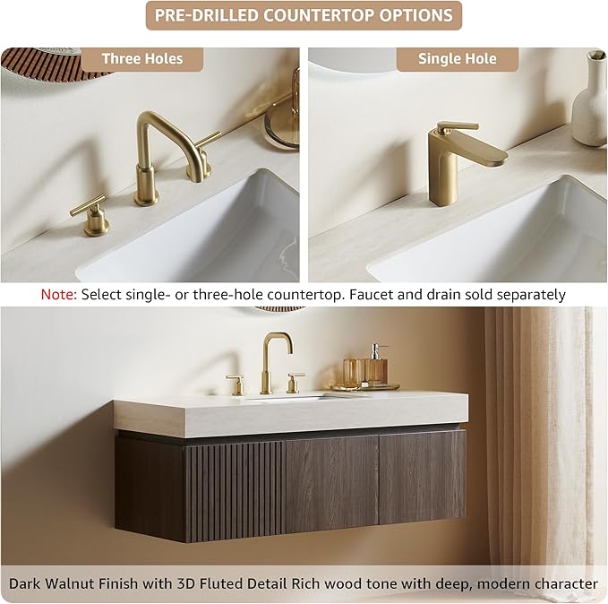 48” Floating Bathroom Vanity with Sink, Wall-Mounted Cabinet with Drawer & Doors, Roma Travertine-Pattern Countertop, Undermount Basin, 3 Faucet Hole, Soft-Close, Pre-Assembled, Dark Oak