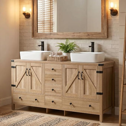60-inch Natural Color Bathroom Vanity with Side Cabinet, Rustic Fixture Standing Pedestal Cabinet Without Sink