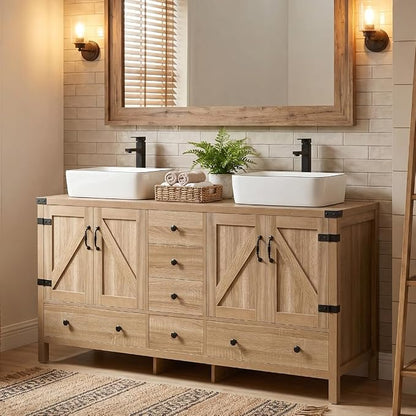 60 inch Natural Color Bathroom Vanity, Rustic Fixture Standing Pedestal Cabinet with Two White Ceramic Vessel Sinks