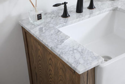 36" Pre-Assembled Bathroom Vanity with Sink, Solid Birch and MDF, Carrara White Marble Countertop Attached, Single Rectangle Porcelain Sink, 3 Soft-Close Drawers, Driftwood
