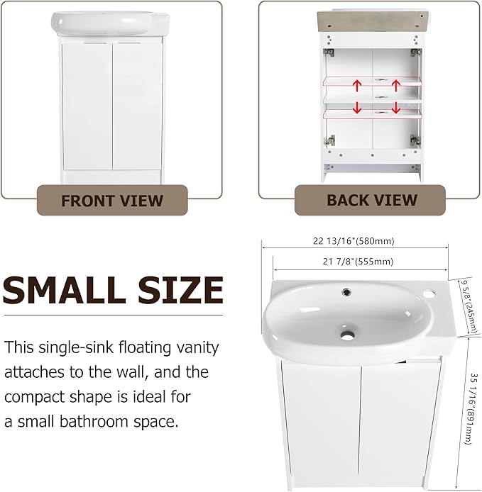 Henf 23" Freestanding Bathroom Vanity with Sink Set for Small Space, Soft Close Doors Round Ceramic Basin Floor Mount Bathroom Cabinet, Vanity and Sink Combo for Home, White