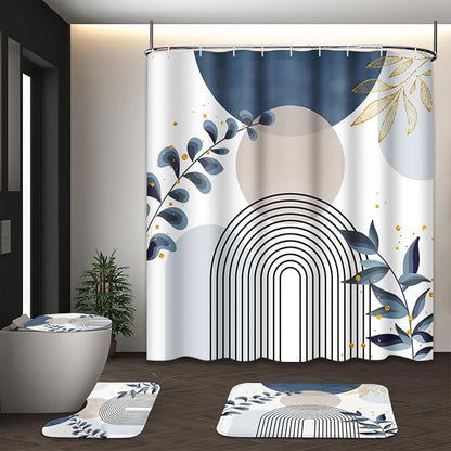 Bathroom Sets with Shower Curtain and Rugs, 4 Pcs, Boho Leaves | Minimalist Plant Abstract Bathroom Decor Set with Toilet Lid Cover, Non-Slip Bath Mats and Accessories 12 Hooks