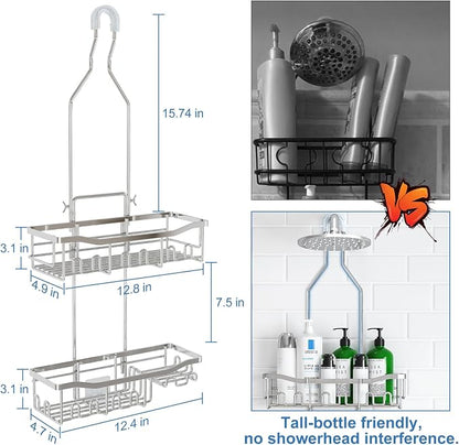 Upgraded Extended Length Shower Organizer with Hooks, Rustproof Shampoo Soap Holder, Large Hanging Bathroom Caddy, Silver