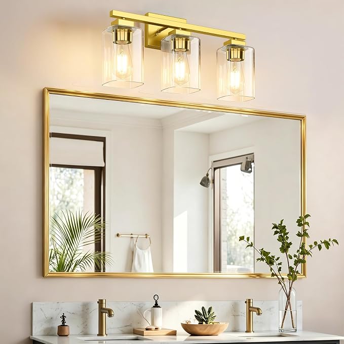 19” Bathroom Light Fixtures Over Mirror, 3-Light Gold Vanity Light | Square Clear Glass & Durable Metal, Quick & Easy Installation, Standard E26 Socket, Bright Bathroom Lighting