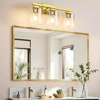 19” Bathroom Light Fixtures Over Mirror, 3-Light Gold Vanity Light | Square Clear Glass & Durable Metal, Quick & Easy Installation, Standard E26 Socket, Bright Bathroom Lighting