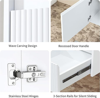 Floating Bathroom Vanity 32 Inch, Wall Mounted Bathroom Vanity with Ceramic Sink and 2 Drawers for Storage, Modern Wave-Carved Design Wooden Sink Cabinet, White