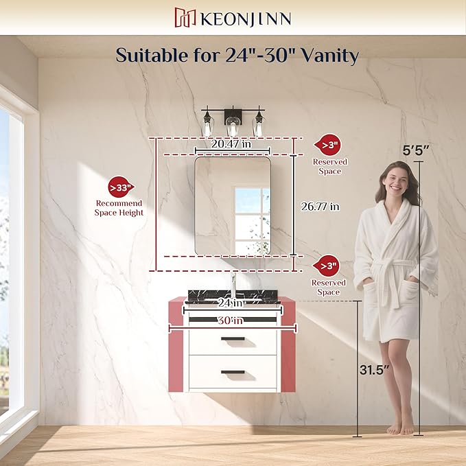 Keonjinn 20 x 26 Inch Chrome Recessed Medicine Cabinets, Mirrored Bathroom Medicine Cabinet, Elegant Stainless Steel Framed, Stepless Adjustable Shelves, In Wall or Surface Mount, Soft Closing, Modern