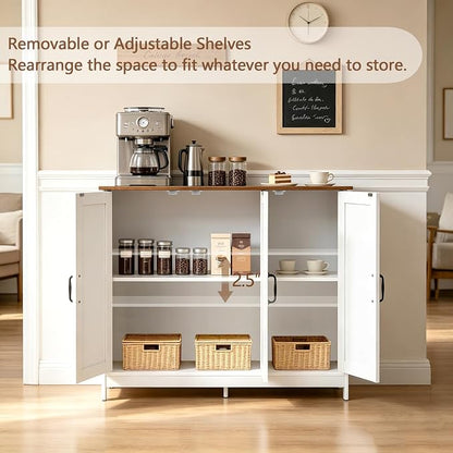 Farmhouse Buffet Storage Cabinet, 3-Door Sideboard Cabinet with Adjustable Shelves, Wood Countertop Freestanding Credenza for Kitchen, Living Room, White