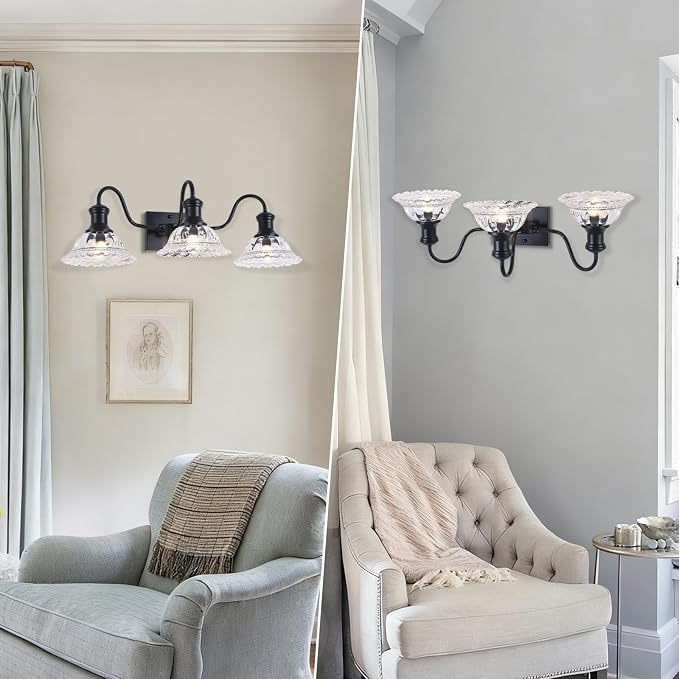 Vintage Bathroom Light Fixtures, 3-Light Matte Black Vanity Light with Flower Glass Shade, Bathroom Lighting Fixtures Over Mirror for Bedroom, Dressing Table