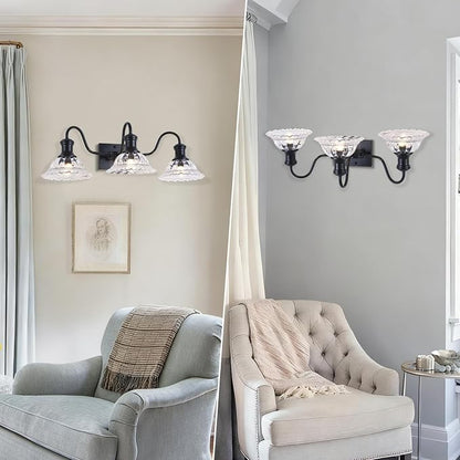 Vintage Bathroom Light Fixtures, 3-Light Matte Black Vanity Light with Flower Glass Shade, Bathroom Lighting Fixtures Over Mirror for Bedroom, Dressing Table