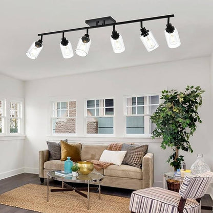 MELUCEE Ceiling Track Lighting Kits 6 Light Bathroom Light Fixtures Wall Mount with Flexibly Rotatable Light Head, Modern Black Spotlights with Clear Glass Shade