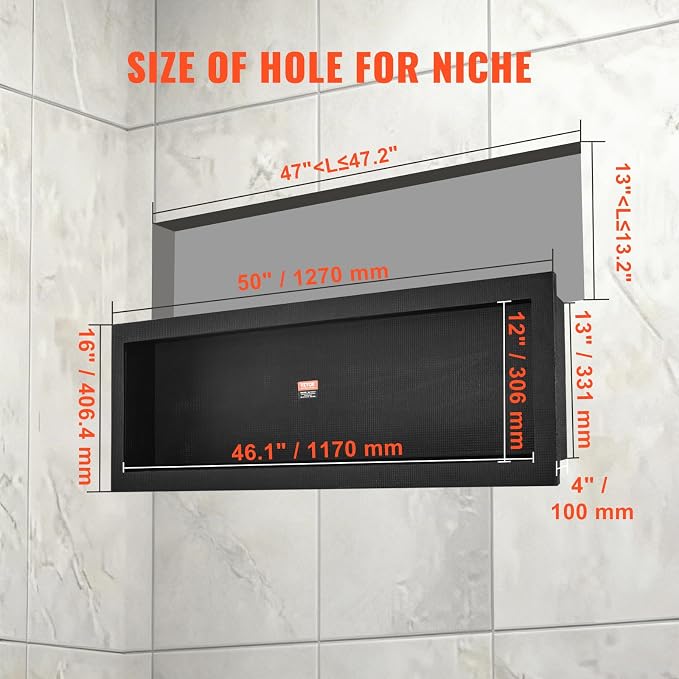 VEVOR Shower Niche Ready for Tile 16" x 50", Single Shelf Organizer, Square Corners Wall-inserted Niche Recessed, Sealed Protection Modern Soap Storage Niche for Shower Bathroom, Black